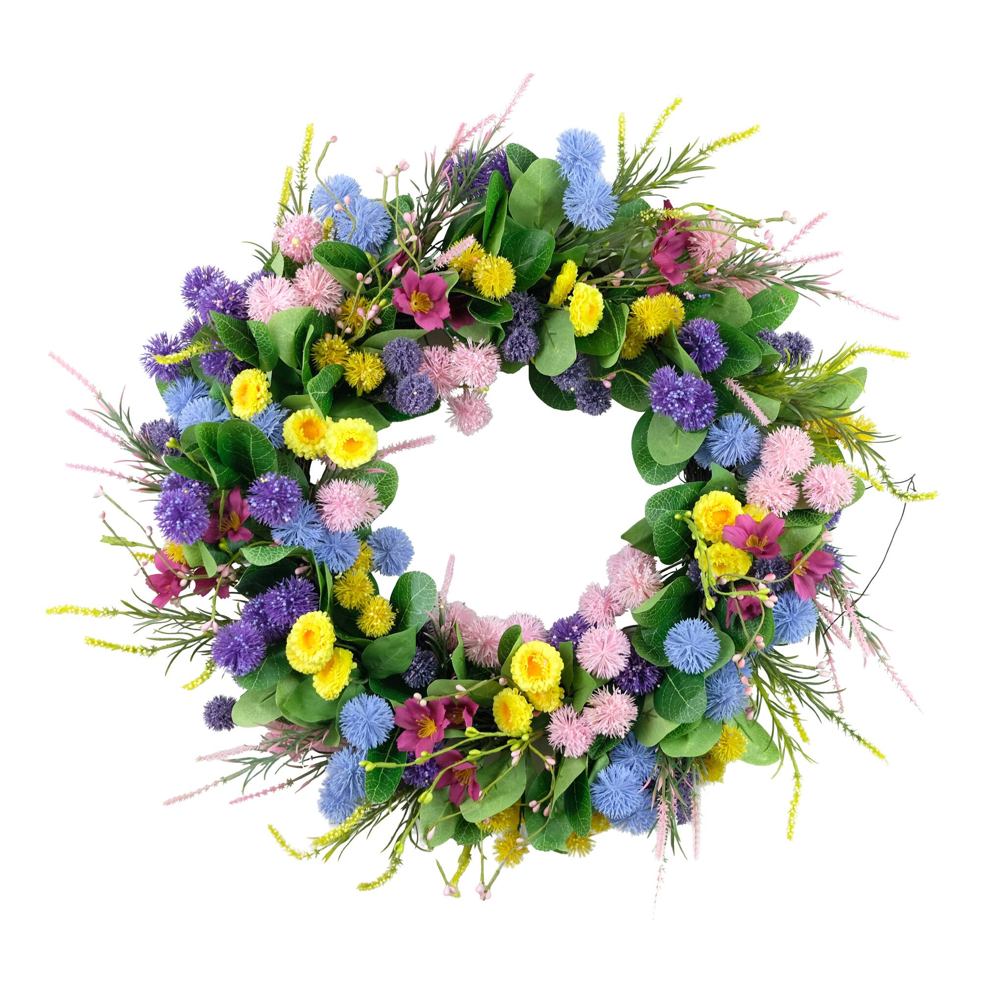 24" Pink, Blue & Yellow Spring Echinops & Chrysanthemum Floral Wreath